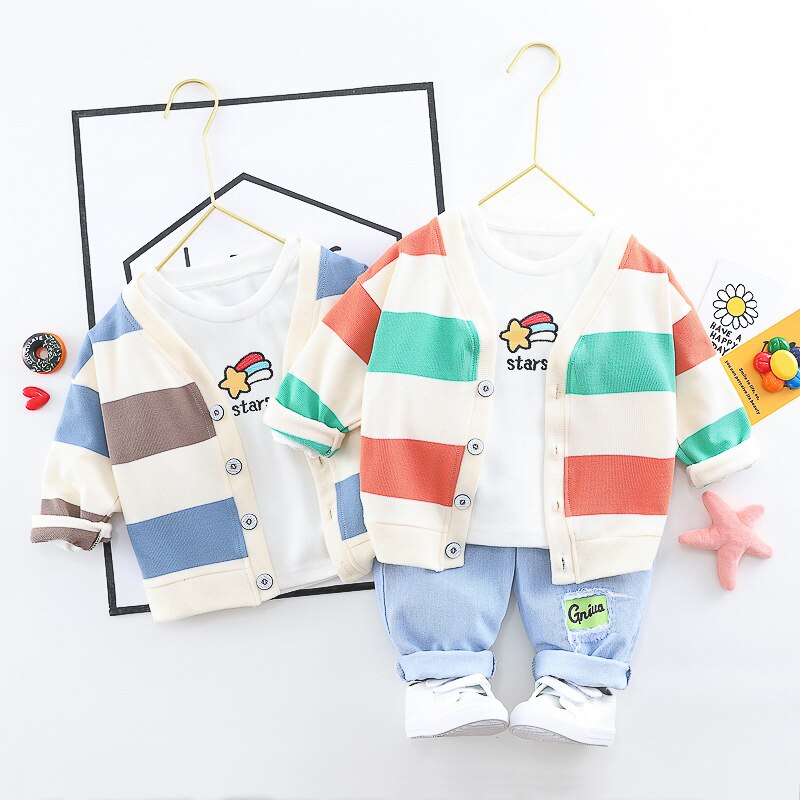 2021 Frühling Baby Jungen Mädchen Kleidung Sets Kleinkind Infant Streifen Mäntel T-Shirt Jeans Kinder Outfit Kinder Casual Kostüm
