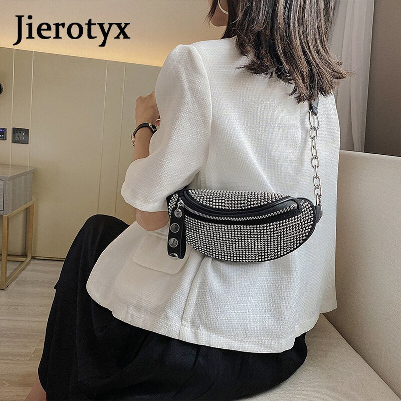 JIEROTYX Fashion Rhinestones Women Bag Waist Bag Fanny Packs Chest Waist Pack Travel Casual Female Chain Strap Punk Belt Bag