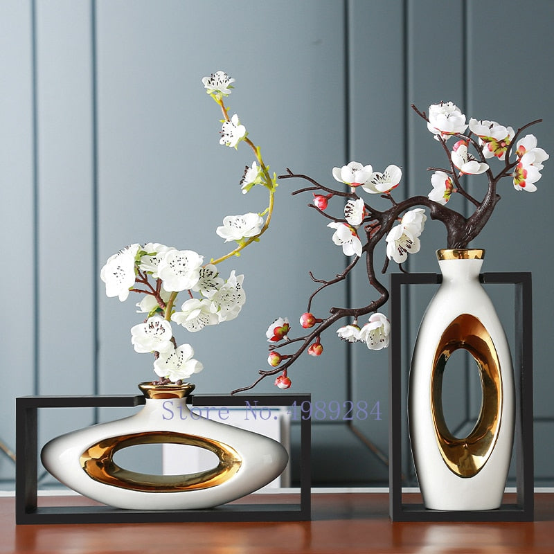 Jarrón de cerámica creativo de estilo chino, marco de madera, jarrón calado Retro, arreglo floral moderno para el hogar, jarrones de flores