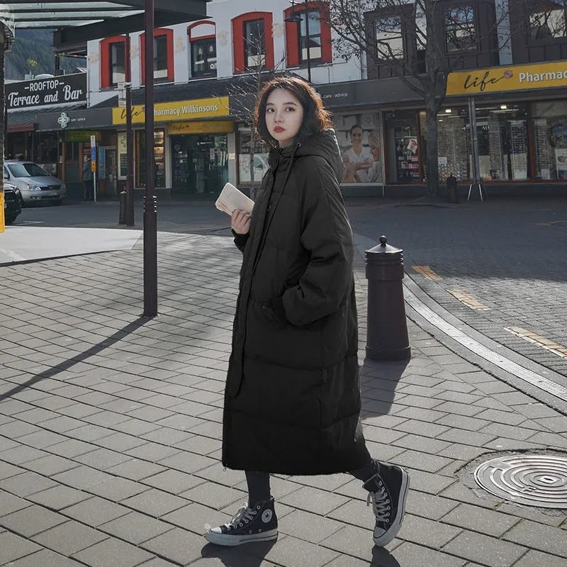 Frauen Mantel 2022 Neue Koreanische Version Lose Mittellange Reißverschluss Daunen Gefütterte Jacke Mit Kapuze Dicke Winter Outwear Weiblichen Trend