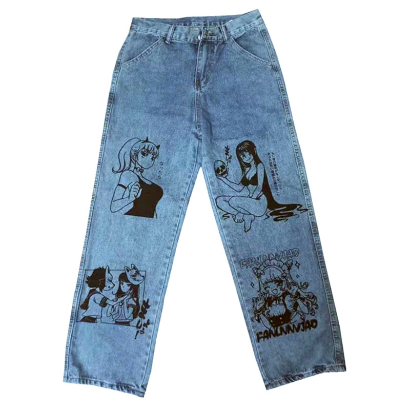 Vintage Washed Jeans Women Streetwear Jeans Harajuku Cartoon Anime Print Jeans Fashion Girl Jeans Loose Wide Leg Pants Cotton