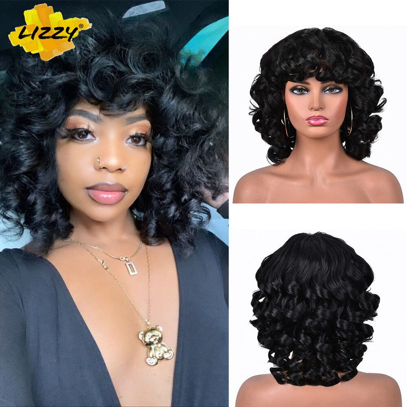 Peluca Afro rizada de pelo corto con flequillo, Cosplay sintético suelto, pelucas naturales esponjosas hasta los hombros para mujeres negras, marrón oscuro, 14"