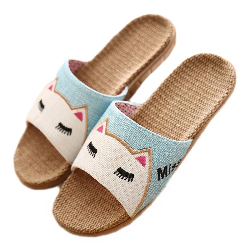 Suihyung Flachs Hausschuhe Frauen Sommer Strand Schuhe Nette Katze Flip Flops Atmungsaktive Rutschen Mädchen Indoor Leinen Hausschuhe Weibliche Sandalen