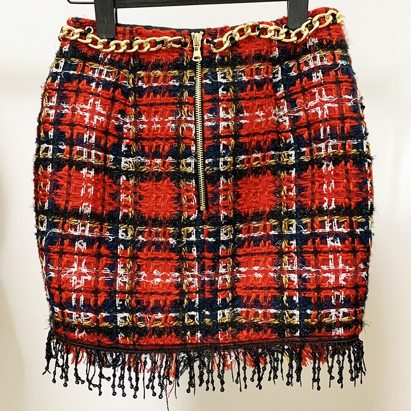 Red Plaid Tweed Skirt Spring Autumn 2021 New Chain Tassel New Designer Gold Lion Button Pencil Mini Women&