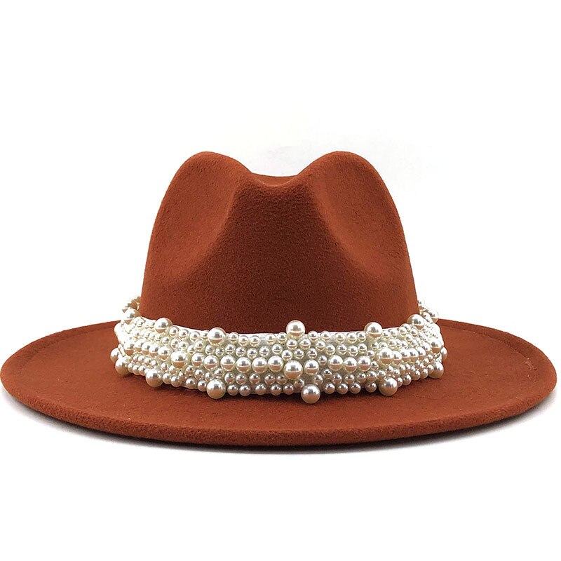 Sombreros de fieltro de lana Jazz para hombre y mujer, sombrero de fieltro con cinta de perlas de cuero, blanco, rosa, amarillo, sombrero de fiesta Formal Trilby de Panamá, 58-61CM