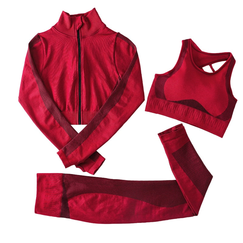 Nahtlose Yoga-Anzüge Frauen 2 / 3pcs Sets Fitness Sport-BHs Langarm-Jacke mit hoher Taille Legging Gym Wear Laufbekleidung, LF261