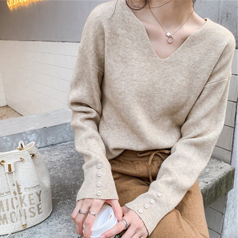 2022 Autumn Spring Women Sweaters Female Tops Knitted Thin Pullover Solid V-neck Loose Elegant Office Lady Casual All Match