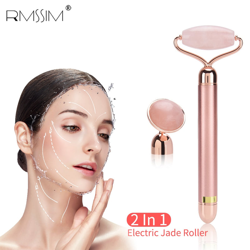 2 in 1 Electric Jade Roller Natural Rose Quartz Vibrating Massager Face Lift Slimming Wrinkle Removal Skin Tightening