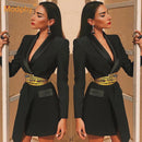 Winter new women slim coat blazer black long sleeve deep V-neck single buckle belt suit jacket Female 2021 fashion party coat