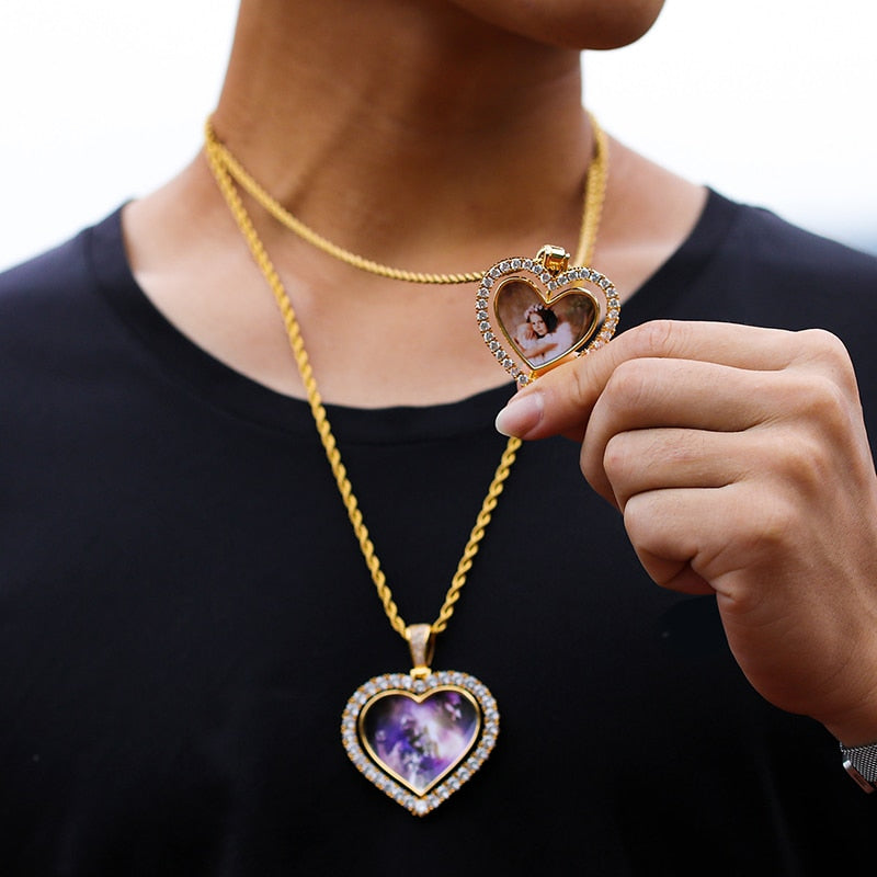 D&Z Custom Made Photo Rotating Heart Shape Double-sided Pendant Necklace 4mm Tennis Chain Zircon Men's Hip hop Jewelry