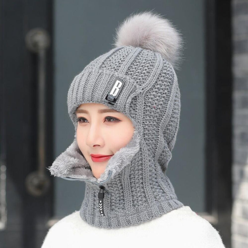 Women Wool Knitted Hat Ski Hat Sets For Female Windproof Winter Outdoor Knit Warm Thick Siamese Scarf Collar Warm Hat Girl Gift