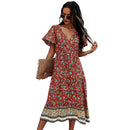 Deep V-Neck Summer Dress 2021 Beach Boho Floral Print Vintage Button Dresses Women Casual Loose A-Line Midi Long Elegant Robe