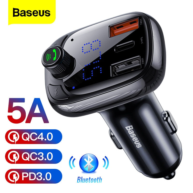 Cargador de coche con transmisor FM Baseus para teléfono QC 4,0 3,0 PD3.0 Bluetooth 5,0, Kit de coche, reproductor de Audio MP3, cargador de coche de carga rápida de 36W