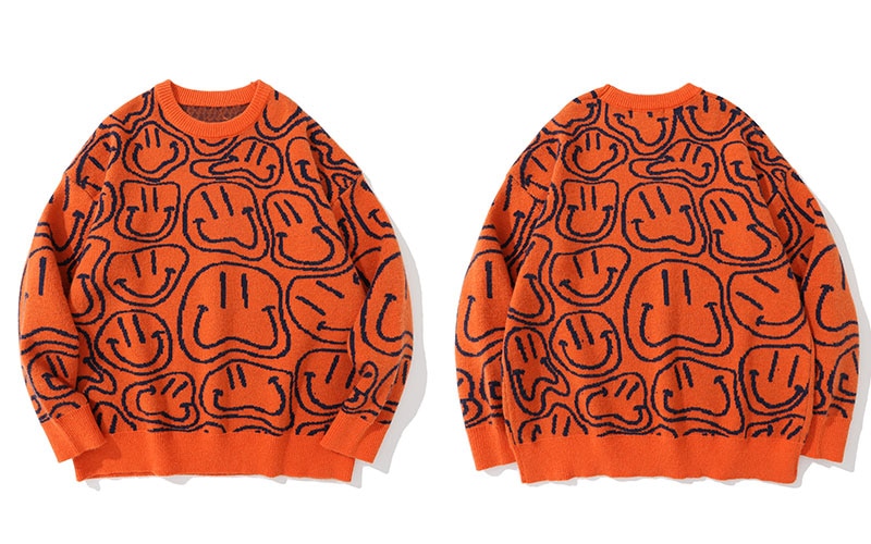 Hip Hop Strickpullover Streetwear Harajuku Vintage Smile Pullover Pullover 2022 Herren Herbst Mode Paar Orange Schwarz