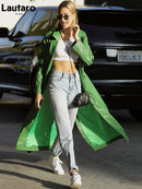 Lautaro Autumn Extra Long Green Leather Trench Coat for Women Long Sleeve Sashes Single Breasted Maxi Overcoat 2021 Streetwear