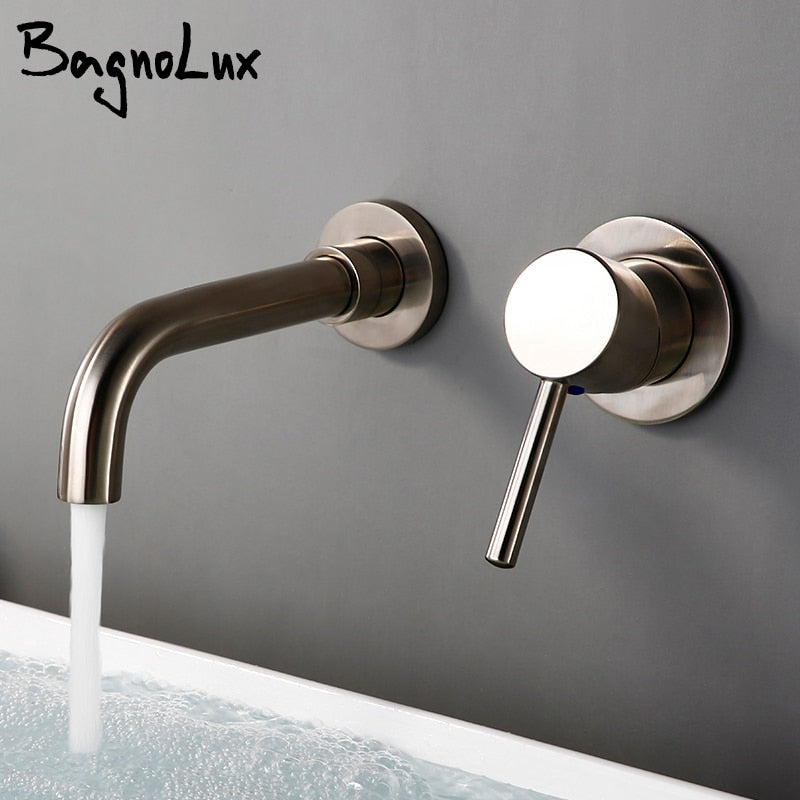 Bagnolux Ronda Stainless Steel Solid Brass Trim Taps 2 Hole Wall-Faucet Set Hot Anc Cold Water Bathroom Sink Mixer Small Tap