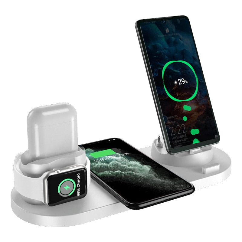 Drahtlose Ladestation 10W Qi Fast 6 in 1 für iPhone Airpods USB Typ C Standtelefon-Ladegerät für Apple Watch Airpods Aufladen
