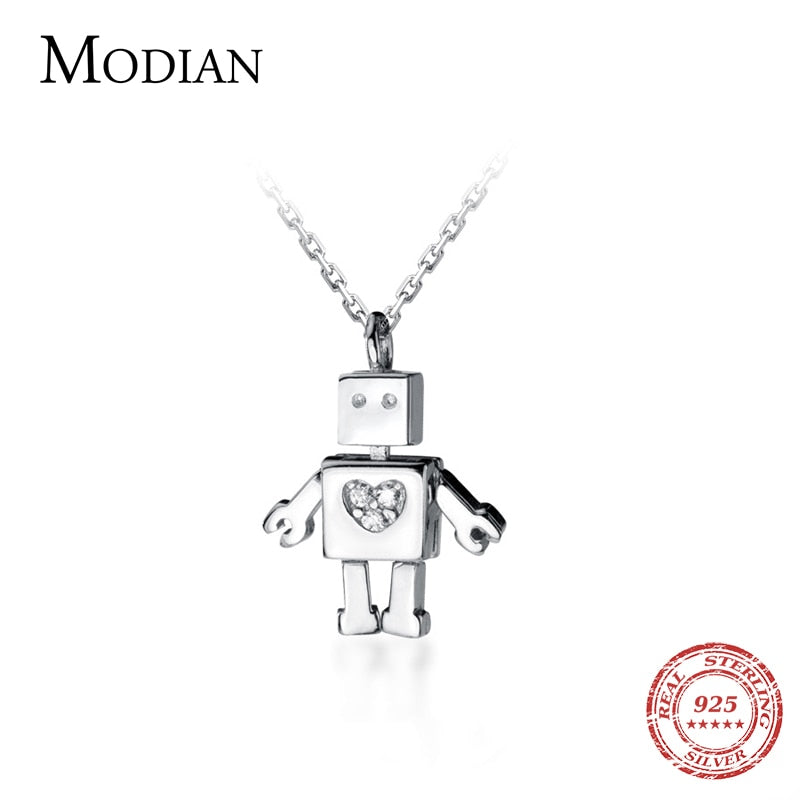 MODIAN Gliederkette für Damen aus reinem 925er Sterlingsilber, schillernde Zirkon-Herzen, süßer Roboter-Anhänger, Halskette, feiner Schmuck