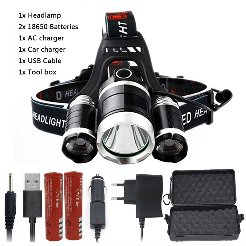 3 Led Headlamp Rechargeable XM-L T6 Headlight light Lantern Head Lamp Flashlight zoomable 18650 Battery Hunting fishing lighting