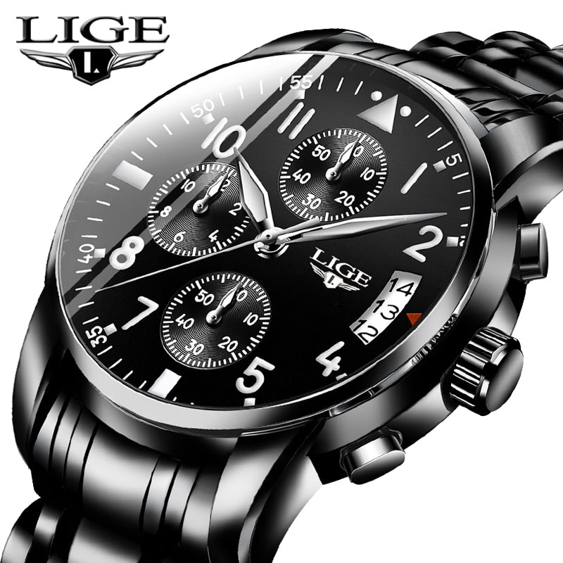 LIGE, relojes para hombre, marca superior, reloj de cuarzo de negocios a la moda de lujo, reloj deportivo para hombre, reloj negro resistente al agua de acero, erkek kol saati + caja