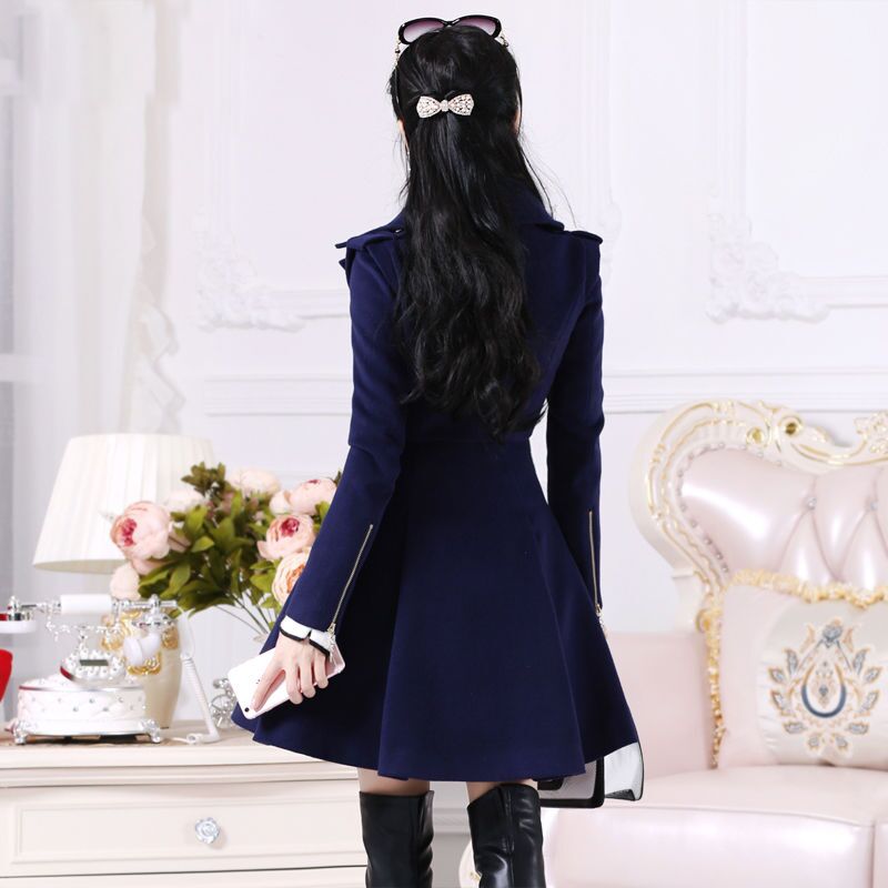 2022 Autumn Winter Women Coats Dark Blue Lady Clothing Zipper Woolen Coat Mid-length Slim