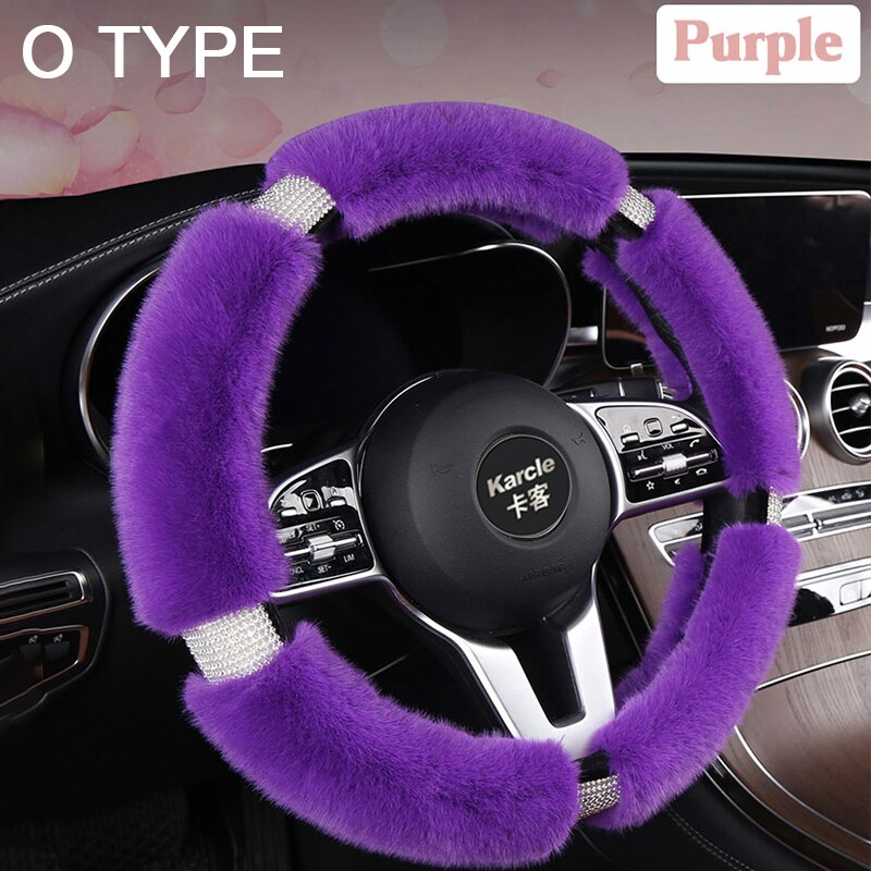Karcle Fluffy Steering Wheel Cover with Bling Rhinestones Diamond Fur Furry Car Steering Covers Universal 38cm For Women Girl