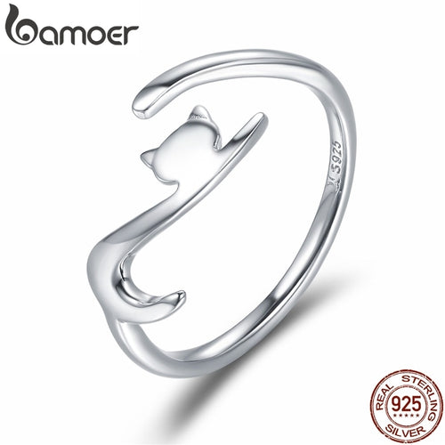 BAMOER 100% 925 Sterling Silber Klebrige Katze mit langem Schwanz Fingerring Damen Ring Verstellbarer Verlobungsring Schmuck SCR220