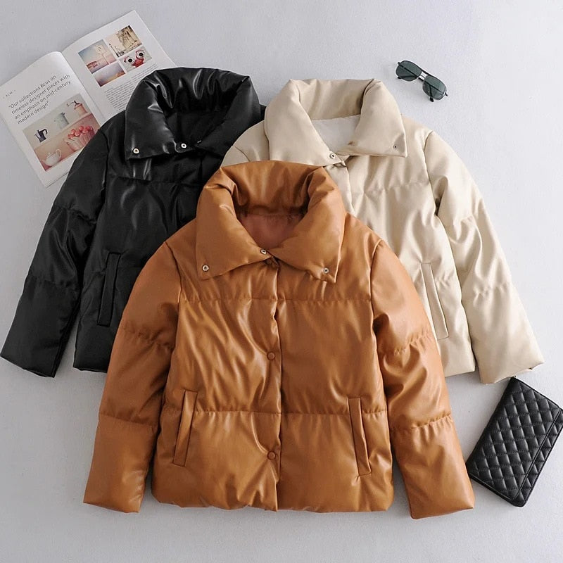 Tangada Women brown fur faux leather jacket coat buttons 2022 Winter Female pu turn down collar jacket overcoat