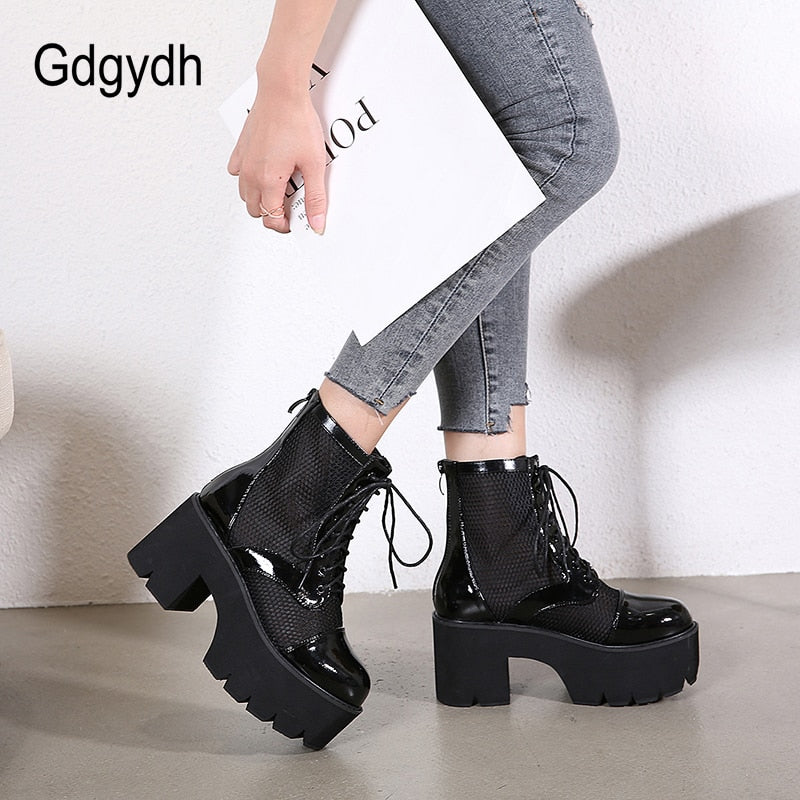 Gdgydh Ladies Gothic Shoes Women Platform Boots High Heels Lace Up Blace Mesh Breathable Patent Leather Ankle Boots Chunky Heels