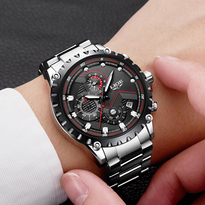 LIGE Fashion Mens Watches Top Luxury Brand Silver Stainless Steel 30m Waterproof Quartz Watch for Men Army Military Chronograph