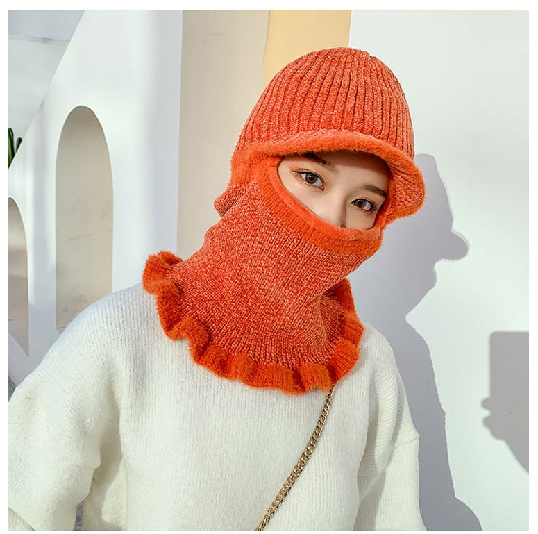 2021 Warm Neck Knit Hat Fur Pompoms Hat Mask Winter Hat For Girl Wool Knitted Hat Female Balaclava Caps Gorras Bonnet