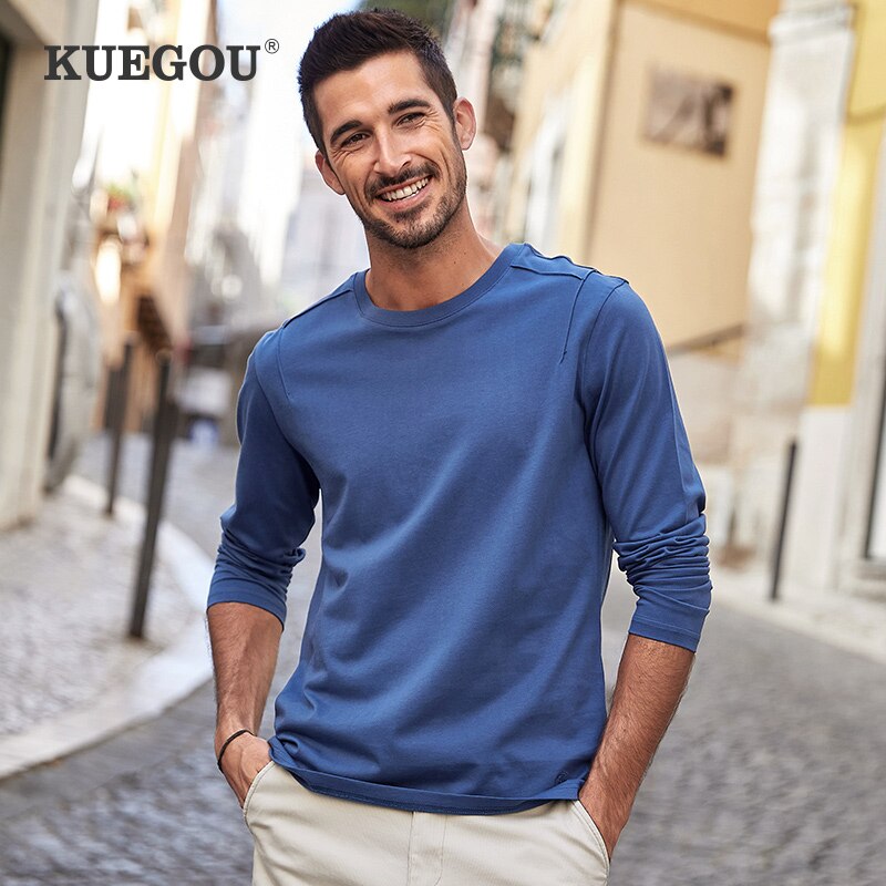 Camiseta KUEGOU 100% de algodón para primavera y otoño para hombre, camiseta de manga larga con bordado Simple, camiseta de moda para hombre, top de talla grande ZT-88014