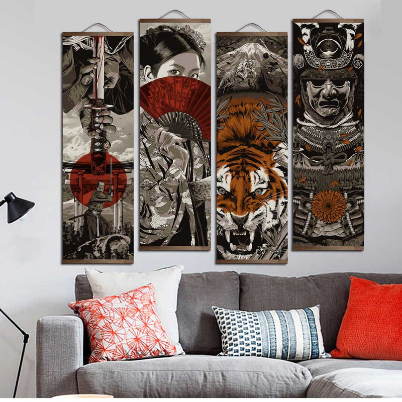 Samurai japonés Ukiyoe tigre lienzo póster imágenes para sala de estar decoración del hogar pintura arte de pared con pergamino colgante de madera maciza