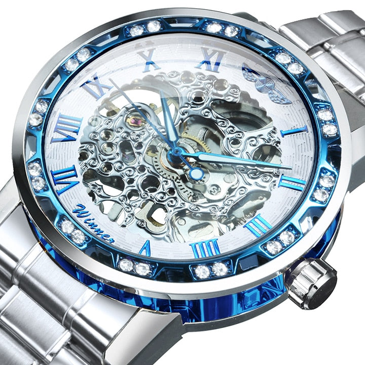 Winner Transparent Diamond Mechanical Watch Skeleton Wrist Watch for Men Top Brand Luxury Watches Unisex Size Clock reloj hombre