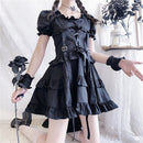 Victorian Renaissance Black Gothic Lolita Dress Japanese Girl Vintage Punk Style Puff Sleeve Bandage Mini Dress Women Dresses