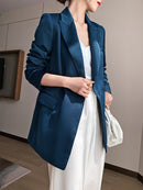 Blue Blazer for Women 2022 Spring Autumn Trendy Korean Style Luxury Satin Suit Jacket OL Work Coat Female Outerwear