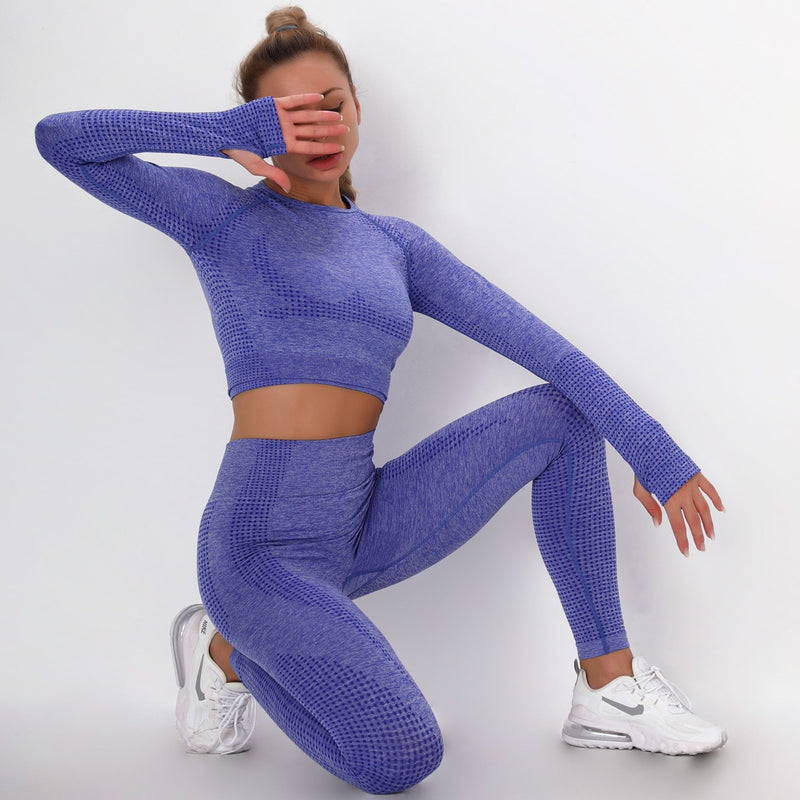 Frauen Nahtloses Yoga Set Fitness Sportanzüge GYM Tuch Yoga Langarmshirts Hohe Taille Laufleggings Trainingshose BH