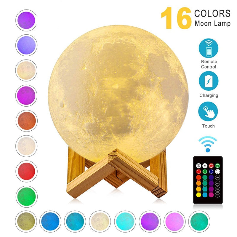 ZK20 LED Night Light 3D Print Moon Lamp Recargable Cambio de color 3D Light Touch Moon Lamp Lámpara de noche para niños para el hogar