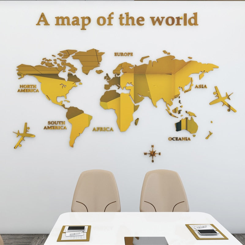 Europäische Art Weltkarte 3D-Acryl-Wandaufkleber Kristallspiegel-Aufkleber für Büro-Sofa-TV-Hintergrund-Wand-dekorative Aufkleber