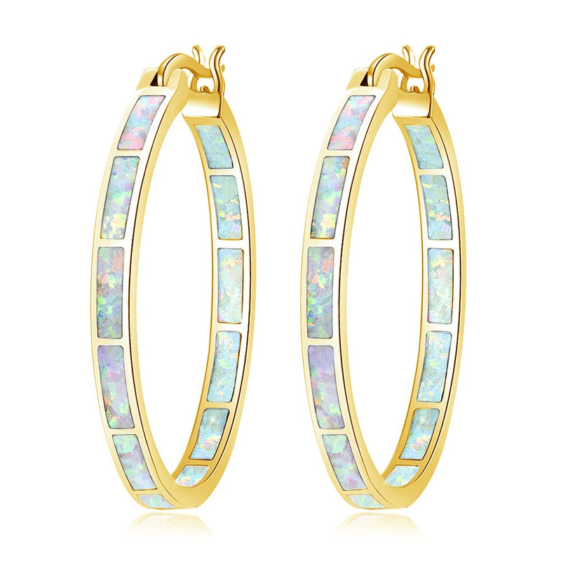 CiNily Blue Green Fire Opal Stone Hoop Earrings Silver Plated Rose Gold Color Big Round Circle Hip Hop Punk Party Jewelry Woman