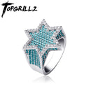TOPGRILLZ New Hexagon Star Silver Color Blue Iced Out Cubic Zircon Rings Micro Paved Personality Hip Hop Jewelry For Gifts