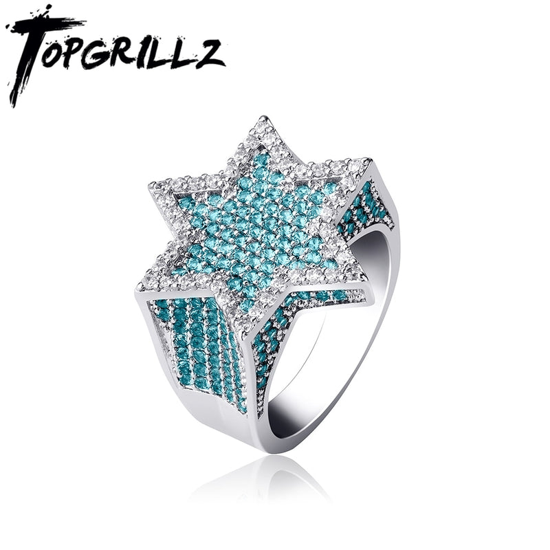 TOPGRILLZ nueva estrella hexagonal Color plata azul Iced Out Cubic Zircon anillos Micro pavimentado personalidad Hip Hop joyería para regalos