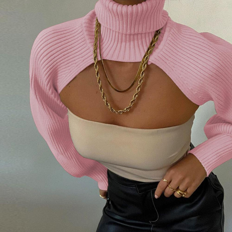Cryptographic Fall Winter 2021 Knitted Turtleneck Women's Crop Tops Sweaters Lantern Sleeve Pullover Females Shawl Sweaters