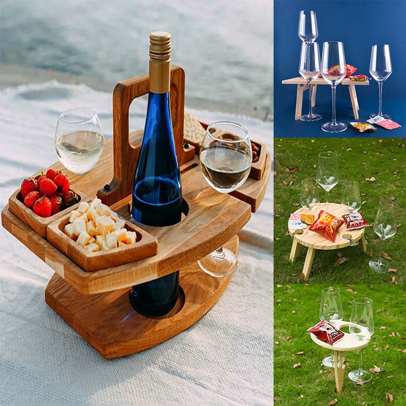 Mesa de Picnic de madera portátil, asa de transporte, mesa de vino plegable para exteriores, soporte extraíble para copa de vino, mesa plegable, bandeja para aperitivos y frutas