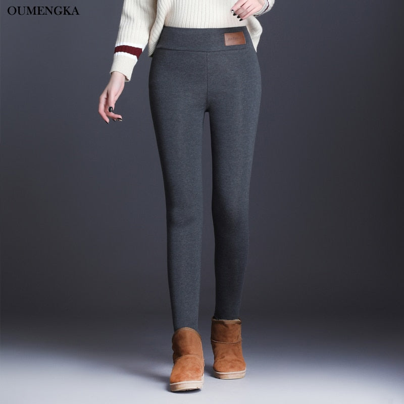 OUMENGK 2022 nueva moda de cintura alta Otoño Invierno mujeres grueso cálido pantalones elásticos calidad S-5XL pantalones ajustados tipo lápiz pantalones