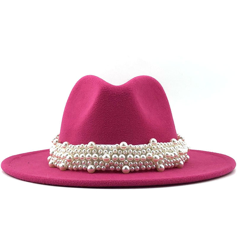 Wool Jazz Fedora Hats Casual Men Women Leather Pearl ribbon Felt Hat white pink yellow Panama Trilby Formal Party Cap 58-61CM