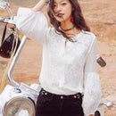 GypsyLady Silk White Embroidery Blouse Shirt 2 Piece Set Lace Sheer Blouse Women Long Lantern Sleeve Sexy Chic Holiday Top Shirt