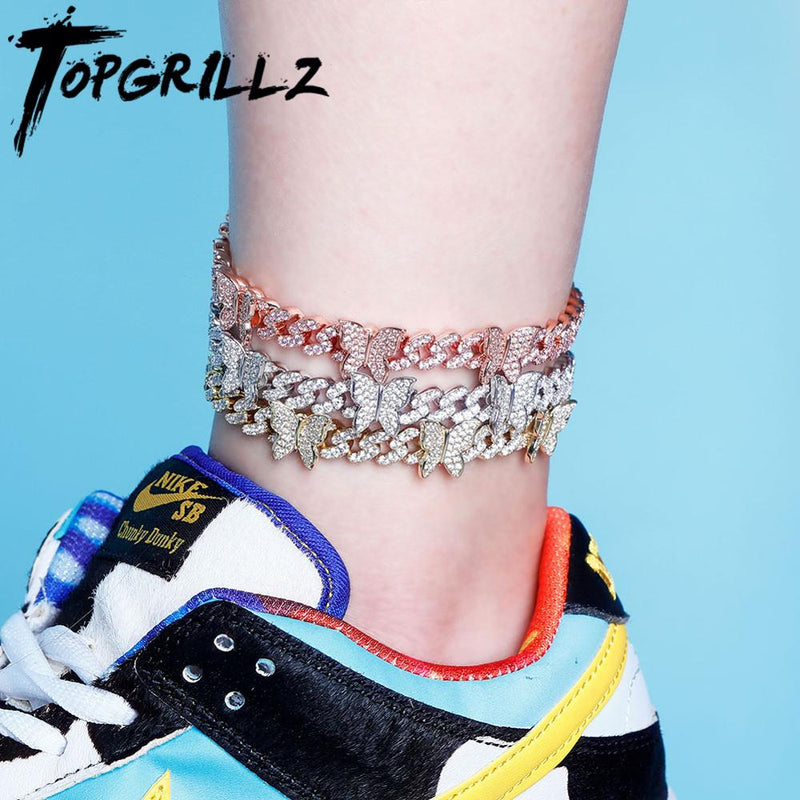 TOPGRILLZ Butterfly Chain 8MM Anklet Cuban Chain Anklet Iced Out Cubic zirconia Anklet Hip Hop Charm Jewelry For Gift 9“10