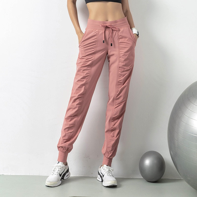 Fabric Drawstring Running Sport Joggers Women Quick Dry Athletic Gym Fitness Sweatpants with Two Side Pockets