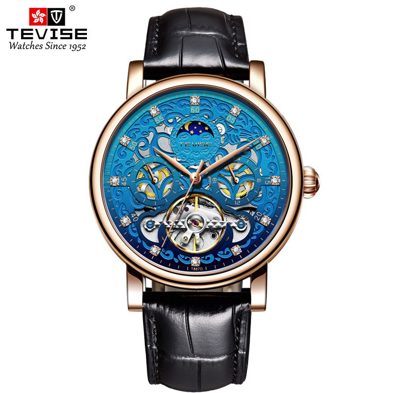 TEVISE Brand Classic Retro Men Watches Automatic Mechanical Watch Men Tourbillon Clock Genuine Leather Waterproof Business Watch